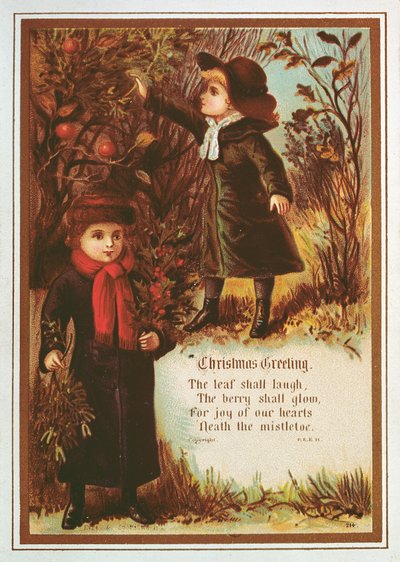 Two Victorian Children Collecting Autumn Berries and Mistletoe by English School